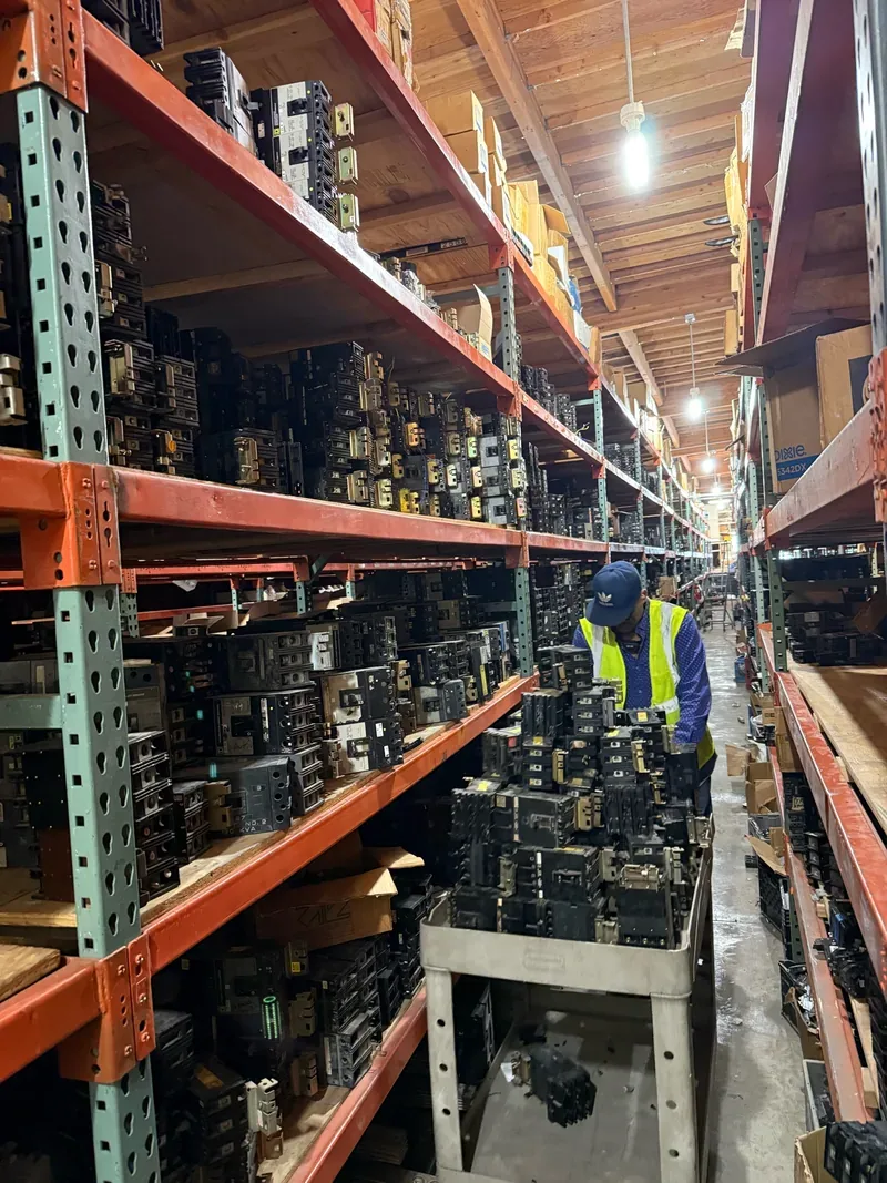 Aisle of shelved circuit breakers in a warehouse — Tulsa, OK